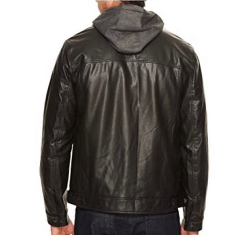 Levi’s Black Faux Leather Sherpa Hooded Bomber Jacket Sz XL - Picture 4 of 16